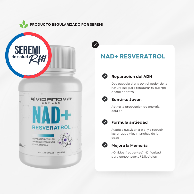 NAD+ RESVERATROL 500MG 60 CAPS, Producto Certificado por SEREMI de Salud